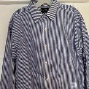 Lauren Ralph Lauren Men's White and Blue Striped Dress Shirt